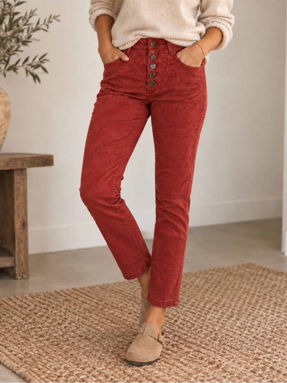Pilcro Anthropologie Floral Jacquard High Rise Skinny Pants Rust Red 28